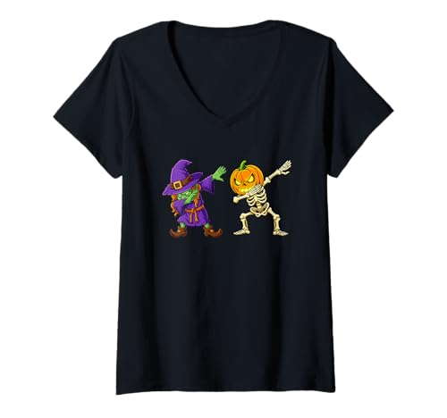 Damen Halloween Skeleton Witch Dabbing Spooky Skeleton Pumpkin T-Shirt mit V-Ausschnitt von Boys Spooky Halloween Characters Novelty Tops ..