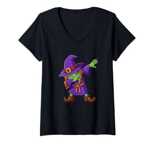 Damen Halloween Witch Dabs Funny Dabbing Witch Spooky Dab Dance T-Shirt mit V-Ausschnitt von Boys Spooky Halloween Characters Novelty Tops ..