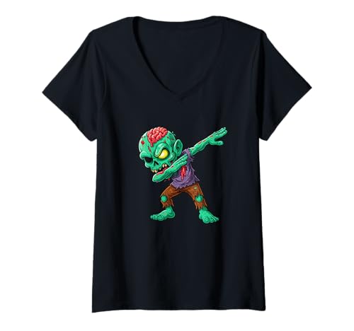 Damen Halloween Zombie Dabs Funny Dabbing Zombie Brain Spooky Dab T-Shirt mit V-Ausschnitt von Boys Spooky Halloween Characters Novelty Tops ..