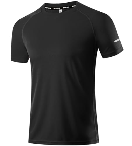 1er Pack Sport Tshirts Herren T-Shirt Schwarz Kurzarm Funktionsshirt Sport Shirt Schnelltrocknend Atmungsaktiv Sportshirt Sommer Outdoor Gym Workout Running Shirts Fitness Oberteil ür Men Black-L von Boyzn