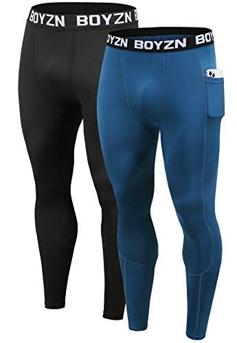 2er Pack Sport Leggings für Herren, Funktionsunterwäsche Kompressionshose Herren Fitness Strumpfhosen, Laufhose Tight Lange Unterhose Schnelltrocknende Sporthose Trainingshose Black/Blue(Pocket)-2XL von Boyzn