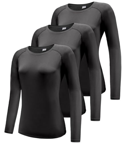 3er Pack Funktionsshirt Damen Langarm, UPF 50+ Sonnenschutz Schnelltrocknend Funktionsshirt Laufshirts, Atmungsaktiv Langarmshirt Sportshirt Workout Sport Oberteil Yoga Shirts Black 3P07-2XL von Boyzn