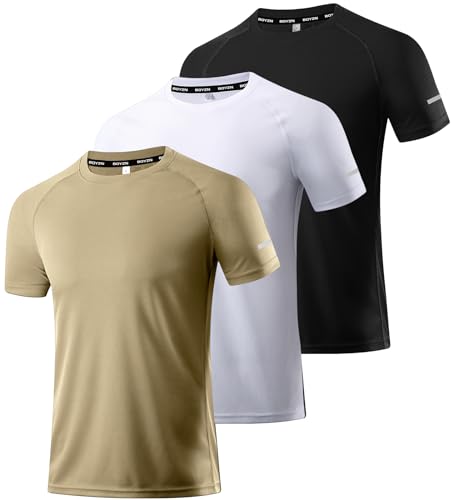 3er Pack Herren Sportshirt Atmungsaktiv Schnelltrocknendes Laufshirt Leichte Trainingsshirt Funktionsshirt Wandershirt Fitnessshirt Sommer Kurzarm T-Shirt für Männer Black/White/Khaki-3P12-M von Boyzn