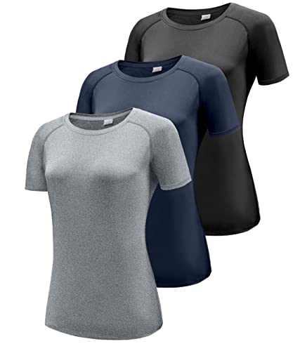 3er Pack Sport T-Shirt Damen, Fitness Sport Shirt Kurzarm Oberteile, Rundhals Funktionsshirt Laufshirt für Frauen, Workout Tops, Gym Yoga Shirt Damen, Kurzarm Trainingsshirt Black/Navy/Hgrey 3P13-M von Boyzn