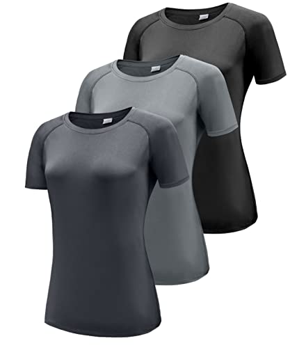 3er Pack T-Shirt Damen, Sport Shirt Damen Funktionsshirt Kurzarm Laufshirt, Rundhal Sommer Kurzarmshirt Sporttop, Atmungsaktiv Sportshirt Yoga Gym Shirt Fitness Oberteile Black/Grey/Dark Grey 3P15-2XL von Boyzn