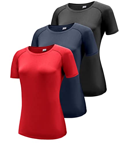 3er Pack T-Shirt Damen Sportshirt Kurzarm Gym Yoga Top Rundhals Sport Oberteil Sommer Laufshirt Atmungsaktiv Sporttop Leicht Yoga Fitness Shirt Schnelle Trockene Funktionsshirt Black/Navy/Red 3P12-2XL von Boyzn