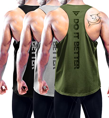 3er Pack Tank Top Herren, Ärmelloses Sport Muskelshirt Fitness Achselshirt Funktionsunterhemd, Atmungsaktive Cool Mesh Gym bodybuilding Sleeveless Funktionsshirt für Laufen Black/Gray/Green-3P05-S von Boyzn