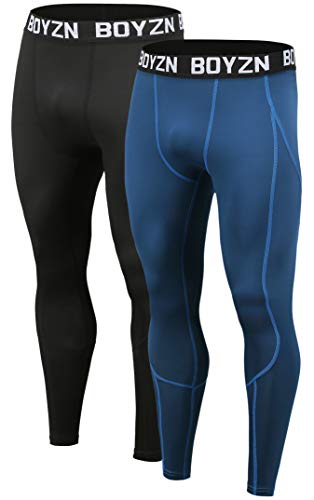 Boyzn 2er Pack Kompressionshose Herren, Sport Leggings Lange Tights Atmungsaktiv Fitness Strumpfhosen Funktionswäsche Pants Unterhose Lang Laufhosen für Laufen Wandern Radfahren Black/Blue-L von Boyzn