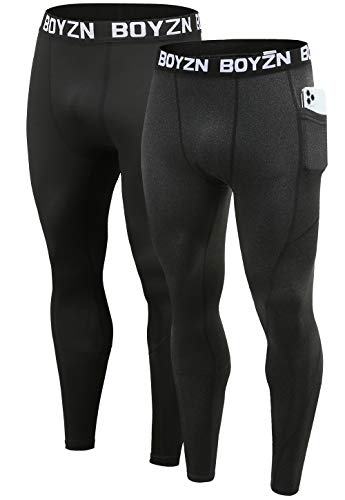 Boyzn 2er Pack Kompressionshose Herren, Sport Leggings Männer Atmungsaktiv Fitness Strumpfhosen, Funktionswäsche Tight Lang Unterhose, Laufhose Trainingstights mit Taschen Black/Carbon(Pocket)-3XL von Boyzn