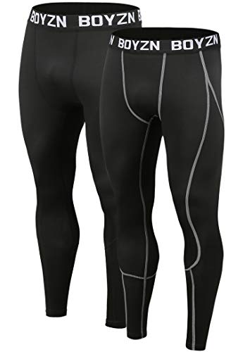 Boyzn 2er Pack Sport Leggings für Herren, Funktionsunterwäsche Kompressionshose Herren Fitness Strumpfhosen, Laufhose Tight Lange Unterhose Schnelltrocknende Sporthose Trainingshose Black(Grey)-M von Boyzn