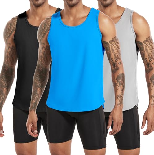 Boyzn 3er Pack Tank Top Herren, Ärmelloses Sport Muskelshirt Fitness Achselshirt Funktionsunterhemd, Atmungsaktive Gym Tanktop Bodybuilding Sleeveless Funktionsshirt für Laufen Black/Gray/Blue-3P04-L von Boyzn