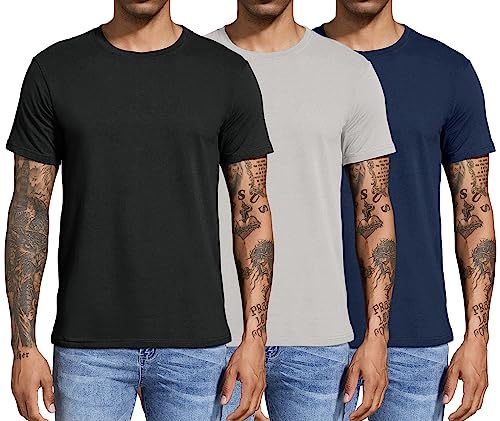 Boyzn 3er Pack T-Shirts für Herren Basic aus Baumwolle, Lässige leichte Sommer Kurzarm Casual Top, Herren T-Shirts mit Rundhalsausschnitt Black/Grey/Navy-3P01-L von Boyzn