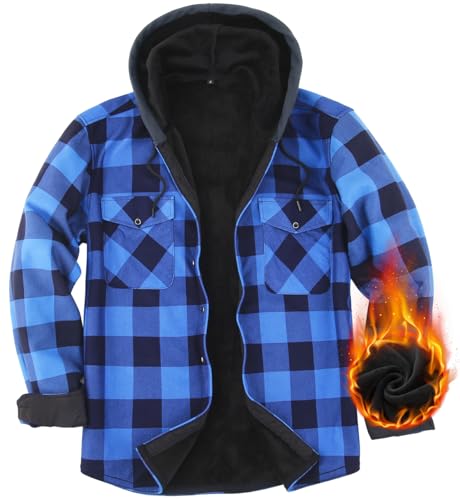 Boyzn Hemdjacke Herren mit Kapuze Flanellhemd Kariertes Jacke Warm Gefüttert Fleecejacke Freizeithemd Hoodie Herren Winterjacke mit Taschen Outdoor Sweatjacke Blue-Q1-L von Boyzn