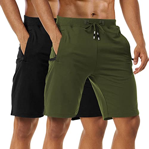 Kurze Hosen Herren - Sporthose Herren Kurz, Laufshorts Männer Sommer Baumwolle Kurze Jogginghose Fitnesshose Shorts Kurz SportShorts Trainingshose Mit Reißverschlusstasch, 2er-Pack Black/Green-L von Boyzn