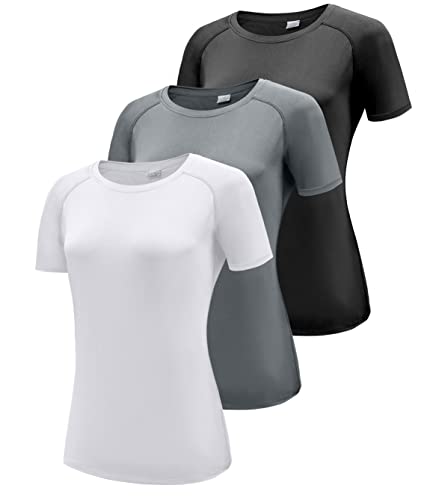 Damen 3er Pack Kurzarm T-Shirts, UPF 50+ Sonnenschutz Schnelltrocknend Funktionsshirt Laufshirts, Atmungsaktiv Kurzarm Sportshirt Gym Yoga Top Workout Fitness Oberteil Black/White/Grey 3P11-2XL von Boyzn