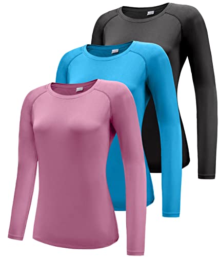 Damen 3er Pack Langarmshirt T-Shirts, UPF 50+ Sonnenschutz Schnelltrocknend Funktionsshirt Laufshirts, Atmungsaktiv Langarm Sportshirt Gym Yoga Top Workout Fitness Oberteil Black/Blue/Pink 3P04-2XL von Boyzn