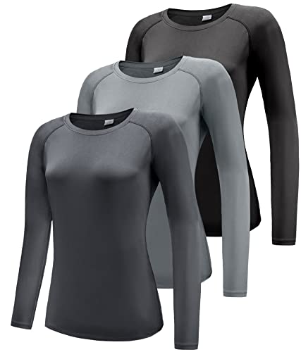 Damen 3er Pack Langarmshirt T-Shirts, UPF 50+ Sonnenschutz Schnelltrocknend Funktionsshirt Laufshirts, Atmungsaktiv Langarm Sportshirt Gym Yoga Top Workout Fitness Oberteil Black/Grey/Dark Grey 3P05-L von Boyzn