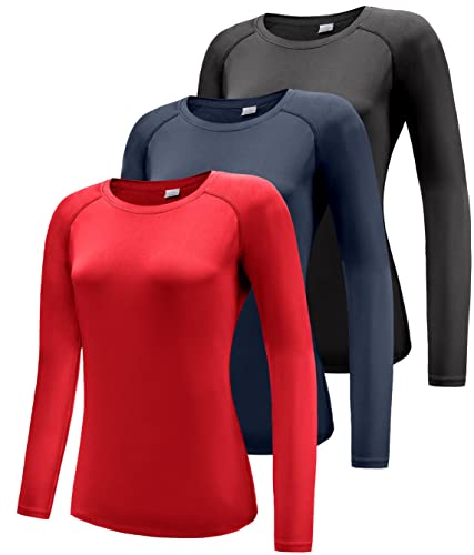 Damen 3er Pack Langarmshirt T-Shirts, UPF 50+ Sonnenschutz Schnelltrocknend Funktionsshirt Laufshirts, Atmungsaktiv Langarm Sportshirt Gym Yoga Top Workout Fitness Oberteil Black/Navy/Red 3P02-2XL von Boyzn