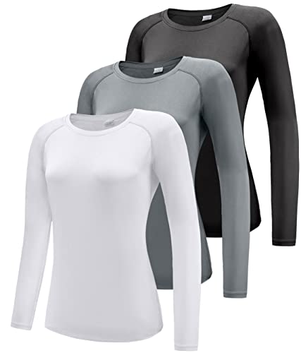 Damen 3er Pack Langarmshirt T-Shirts, UPF 50+ Sonnenschutz Schnelltrocknend Funktionsshirt Laufshirts, Atmungsaktiv Langarm Sportshirt Gym Yoga Top Workout Fitness Oberteil Black/White/Grey 3P01-L von Boyzn