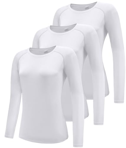 Damen 3er Pack Langarmshirt T-Shirts, UPF 50+ Sonnenschutz Schnelltrocknend Funktionsshirt Laufshirts, Atmungsaktiv Sportshirt Langarm Gym Yoga Running Top Workout Sport Oberteil White 3P08-M von Boyzn