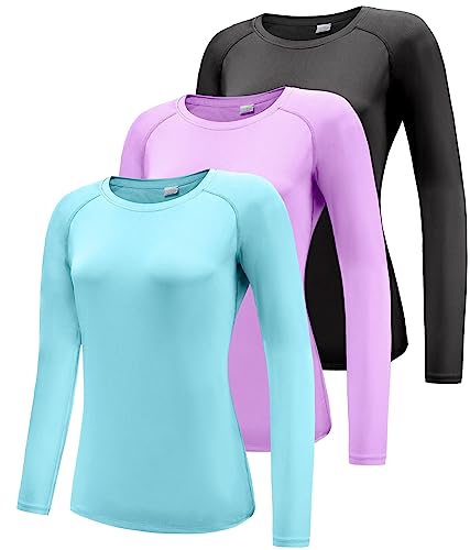 Damen 3er Pack Langarmshirt T-Shirts,UPF 50+ Sonnenschutz Schnelltrocknend Funktionsshirt Laufshirts,Atmungsaktiv Langarm Sportshirt Gym Yoga Top Black/Purple/Light Blue 3P06-2XL von Boyzn