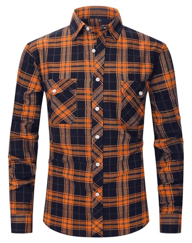 Flanellhemd Herren Hemd Kariertes Hemd Freizeithemd Flanell Hemden Langarmhemd Casual Button Down Shirt Langarm Freizeithemd mit Zwei Taschen Orange/Navy-2XL von Boyzn