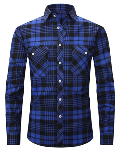 Flanellhemd Herren Kariertes Hemd Button Down Shirt Outdoor Freizeithemden Flanellhemden Herren Langarm Flanell Hemd mit Zwei Taschen Blue/Black-M von Boyzn