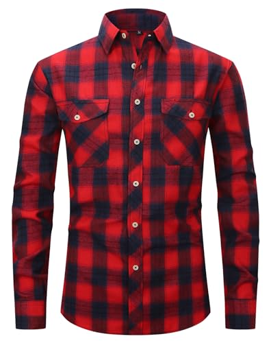 Flanellhemd Herren Kariertes Hemd Langarm Flanell Hemden Casual Button Down Freizeithemd Hemd Herren Langarm mit Zwei Taschen Red/Navy-2XL von Boyzn