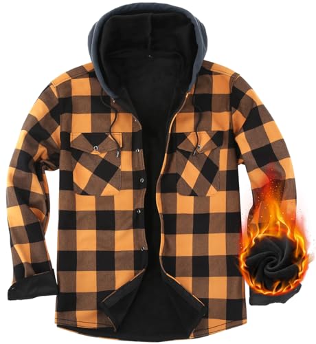 Flanellhemd Herren mit Kapuze Karierte Hemdjacke Gefüttert Thermohemd Winterjacke Langarm Hoodie Karohemd Fleecejacke Casual Button Down Freizeithemd mit Brusttasche Orange-Q2-2XL von Boyzn