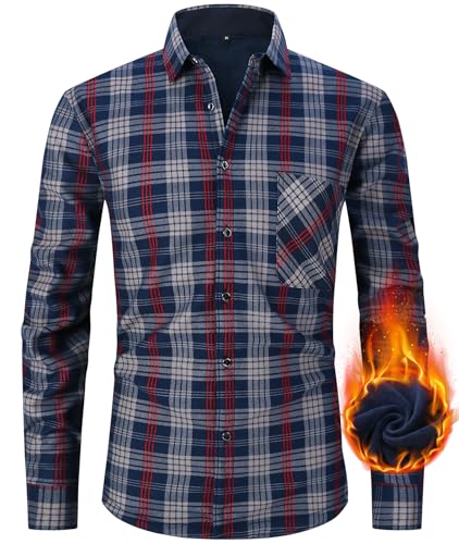 Flanellhemden Herren Hemdjacke Langarm Kariertes Gefüttert Fleecejacke Casual Button Down Langarmshirt Freizeithemd Holzfällerhemden Winterjacke mit Taschen Navy/Beige/Red-P2-S von Boyzn