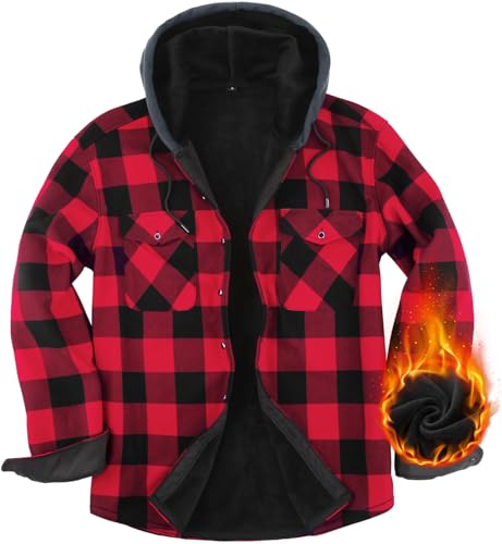 Fleecejacke Herren Hemdjacke Kariertes Winterjacke mit Kapuze Flanellhemd Gefüttert Freizeitjacke Button Down karohemd Warme Holzfällerjacke Hoodie für Herren Red-Q5-2XL von Boyzn