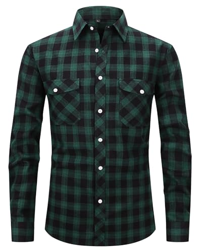 Hemd Herren Flanellhemd Herren Kariertes Hemden Herren Langarm Business Hemd Casual Button Down Freizeithemd Langarmhemd mit Zwei Taschen Green/Black-2XL von Boyzn