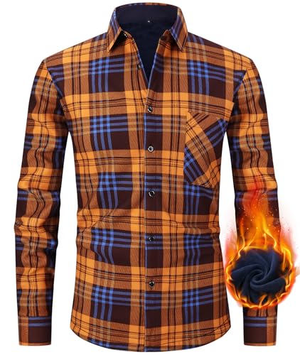 Hemdjacke Herren Kariertes Winterjacke Langarm Thermohemd Fleece Gefüttert Freizeit Jacke Casual Button Down Langarmshirt Flanellhemd für Herren Orange-P5-2XL von Boyzn