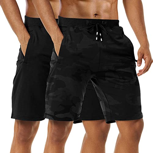 2er Pack Shorts Herren Kurze Hosen Baumwolle Sommer Sport Shorts Jogginghose Kurz Männer Sporthose Kurz Freizeithose Trainingshose Fitnesshose Laufshorts Mit Reißverschlusstasch Black/Camo Black-L von Boyzn