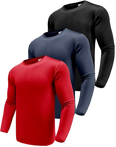 Herren 3er Pack Langarmshirt T-Shirts, UPF 50+ UV Schnelltrocknend Funktionsshirt Laufshirts, Atmungsaktiv Langarm Sportshirt Gym Shirt Outdoor Workout Fitness Oberteil Black/Navy/Red-3P05-L von Boyzn