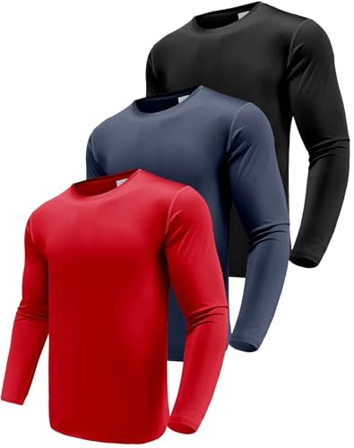 Herren 3er Pack Langarmshirt T-Shirts, UPF 50+ UV Schnelltrocknend Funktionsshirt Laufshirts, Atmungsaktiv Langarm Sportshirt Gym Shirt Outdoor Workout Fitness Oberteil Black/Navy/Red-3P05-XL von Boyzn