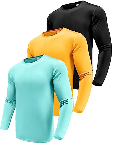 Herren 3er Pack Langarmshirt T-Shirts,UPF 50+ UV Schnelltrocknend Funktionsshirt Laufshirts, Atmungsaktiv Langarm Sportshirt Gym Shirt Outdoor Workout Fitness Oberteil Black/Yellow/Mint Green-3P08-2XL von Boyzn