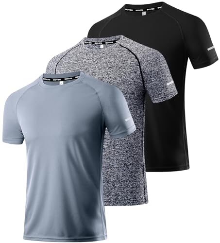 Herren Kurzarm T-Shirt Leicht Schnelltrocknend UPF 50 Sun Shirt Tops Funktionsshirt Fitness Shirt Atmungsaktiv Schnelltrocknend Sport Shirt Outdoor Laufshirt Sport Oberteil Black/Gray/HGrey-3P03-M von Boyzn