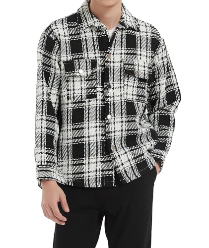 Boyzn Herren Button Down Loose Fit Langarm Dicke Plaid Casual Hemdjacke mit Taschen Black-M von Boyzn