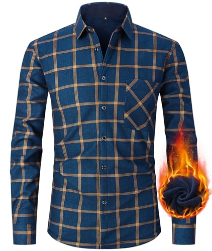 Kariertes Flanellhemd für Herren, Hemdjacke Herren Flanell Fleecejacke Langarm Thermohemd Gefüttert Karierte Jacke, Casual Button Down Freizeithemd Warm Winterjacke mit Brusttasche Navy-P1-M von Boyzn
