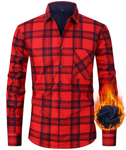 Kariertes Flanellhemd für Herren, Hemdjacke Herren Flanell Fleecejacke Langarm Thermohemd Gefüttert karierte Jacke, Casual Button Down Freizeithemd Warm Winterjacke mit Brusttasche Red/Navy-P7-XL von Boyzn