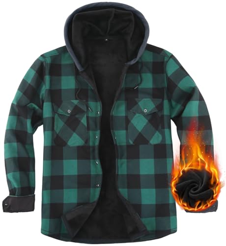 Kariertes Jacke Herren Hemdjacke Winter Warm Fleece Hoodie Flanellhemd Jacke Button Down Langarmshirt Gefüttert Karohemd Holzfällerjacke Hoodie für Herren mit Taschen Green-Q3-2XL von Boyzn