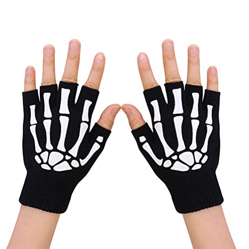 Bozaap Unisex Skeleton Handschuhe,Leuchtende Skeleton Half Finger Gloves,Glow in The Dark Fingerlose Handschuhe Gestrickte Winterfäustlinge Herren Damen von Bozaap