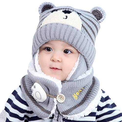 Bozaap Winter-Babymützen, Kleinkind, Winter, warm, Schal, Mütze, Halswärmer, niedliche Strickmütze, Schal-Set, Baby-Ohrenklappe, Beanie-Mütze mit Schal (grau) von Bozaap