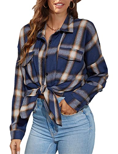 Bozanly Damen Flanell Plaid Shirts Oversized Langarm Button Down Shacket Bluse Tops, Blau, Groß von Bozanly
