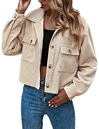 Bozanly Damen Herbst Mode Cropped Button Up Cord Hemd Jacken Shacket, aprikose, Small von Bozanly