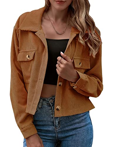 Bozanly Damen Mode Cropped Button Up Cord Hemd Jacken Mantel Shacket, braun, Groß von Bozanly