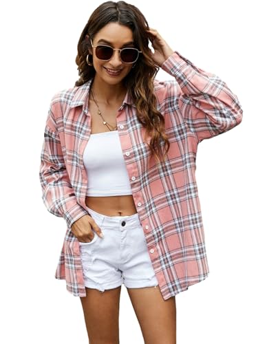 Bozanly Flanell Buffalo Plaid Shirts für Frauen Oversized Button Down Shacket Bluse Tops, Pink, Mittel von Bozanly