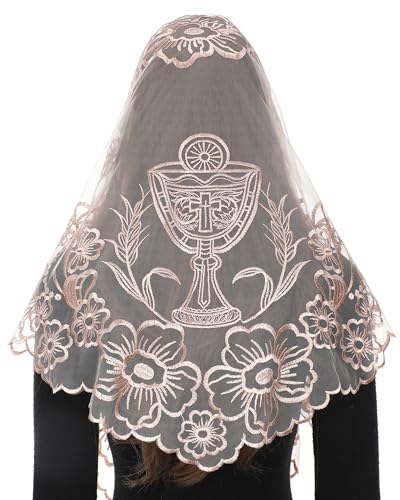 Bozidol Katholischer Kirchenmantilla, Dreieckiger Schleier mit Kelch und Blumen, bestickter Kapellenschleier für lateinische Messe, Kopfbedeckung für Frauen, champagner, Einheitsgröße Bozidol Katholischer Kirchenmantilla, Dreieckiger Schleier mit Kelch und Blumen, bestickter Kapellenschleier für lateinische Messe, Kopfbedeckung für Frauen, champagner, Einheitsgröße von Bozidol