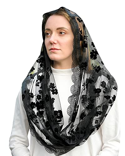 Bozidol Traditioneller Vintage-inspirierter Schwarzer Schleier – Blumen-Spitzen-Infinity Kapellenschleier für Kirche Katholische Mantille Lateinische Messe Kopfbedeckung Bozidol Traditioneller Vintage-inspirierter Schwarzer Schleier – Blumen-Spitzen-Infinity Kapellenschleier für Kirche Katholische Mantille Lateinische Messe Kopfbedeckung von Bozidol